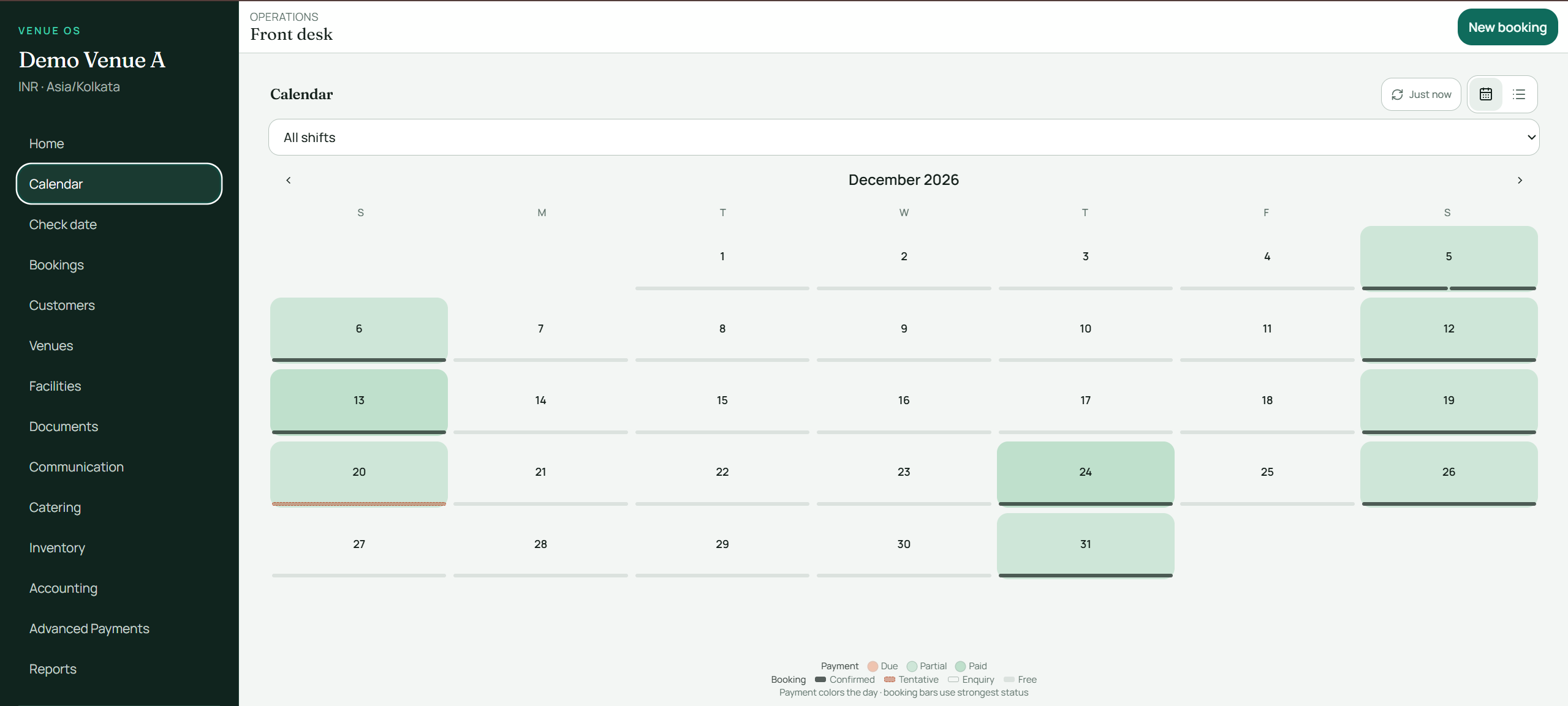 Venue Business OS desktop calendar showing booking status by day