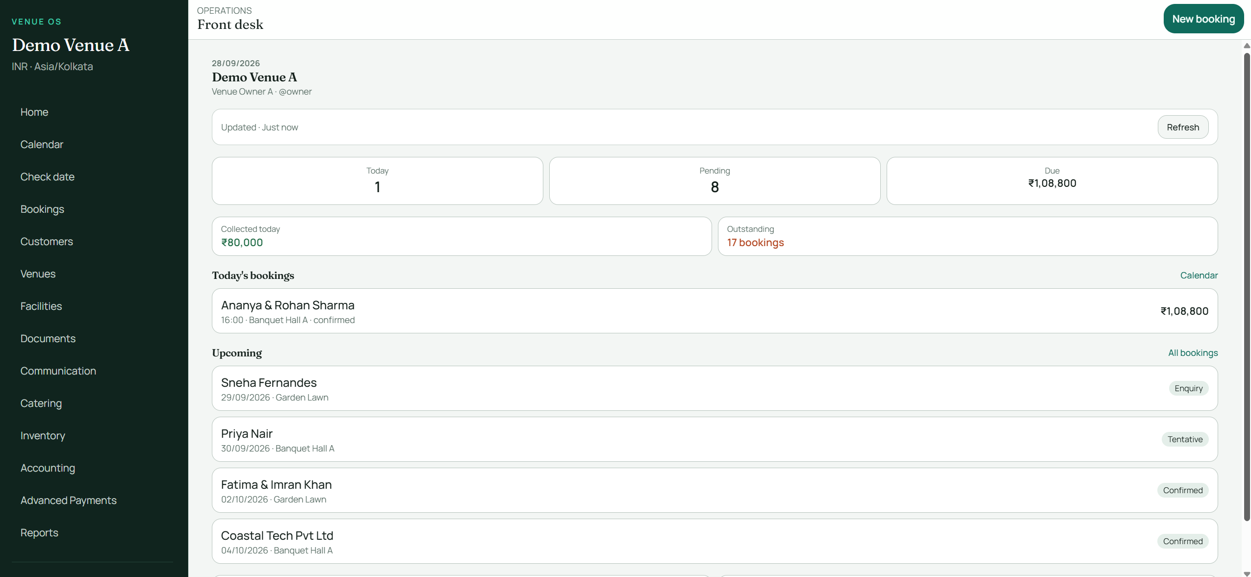 Venue Business OS desktop dashboard with today’s bookings and pending balance