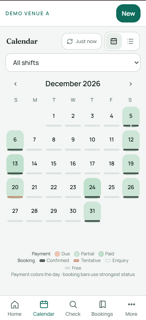 Venue Business OS mobile calendar showing booking status by day
