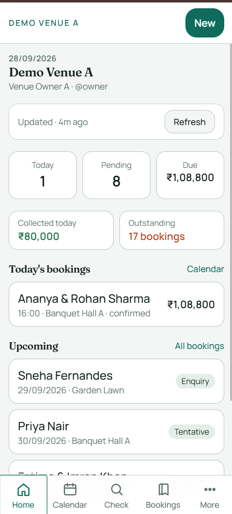 Venue Business OS mobile dashboard with today’s bookings and pending balance